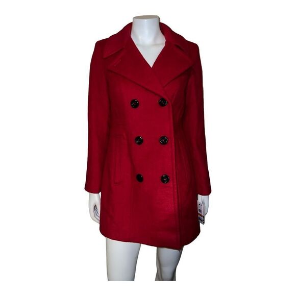 Anne Klein Womens Double-Breasted Peacoat Wool Blend Lychee Red Small NWT - Picture 2 of 9